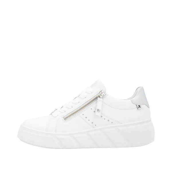 Rieker W2605-80 women's white leather sneakers with side zipper, lace-up closure, and chunky sole.