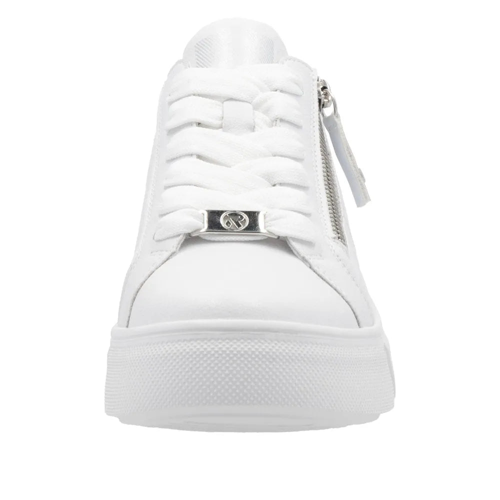 Rieker W2605-80 ladies white leather sneakers with zip and lace-up closure, featuring a chunky sole and stylish design.