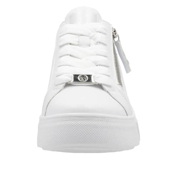 Rieker W2605-80 ladies white leather sneakers with zip and lace-up closure, featuring a chunky sole and stylish design.