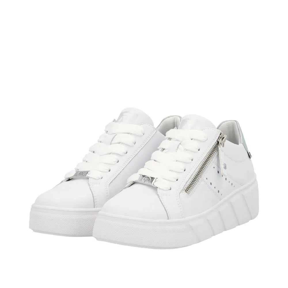 White leather Rieker W2605-80 women's sneakers with lace-up design, side zippers, and chunky sole.