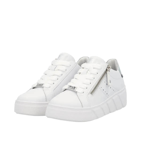 White leather Rieker W2605-80 women's sneakers with lace-up design, side zippers, and chunky sole.