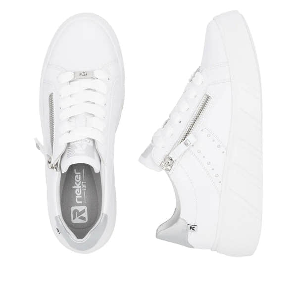 White leather Rieker W2605-80 women's sneaker with zip and lace-up closure, platform sole, and subtle metallic accents.
