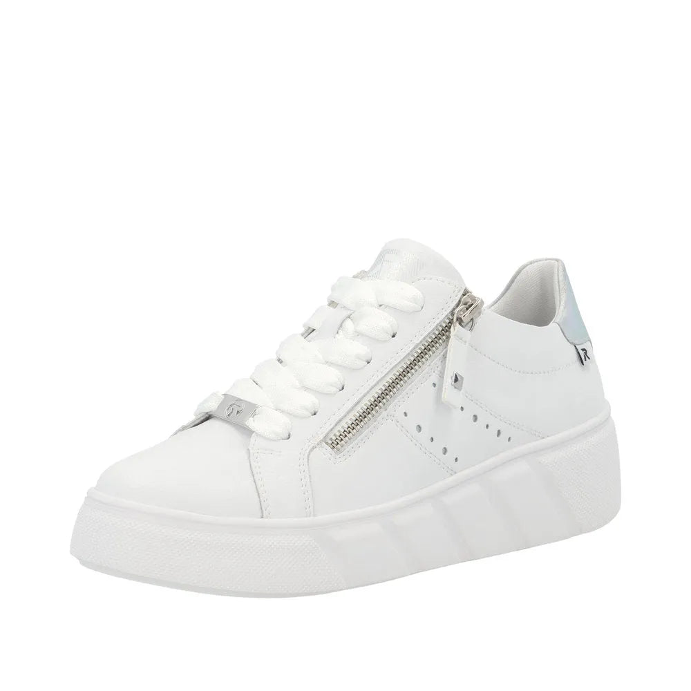 Rieker W2605-80 ladies white leather sneakers with side zipper, lace-up closure, chunky sole, and silver accents.