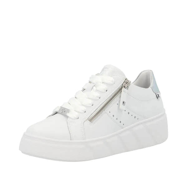 Rieker W2605-80 ladies white leather sneakers with side zipper, lace-up closure, chunky sole, and silver accents.