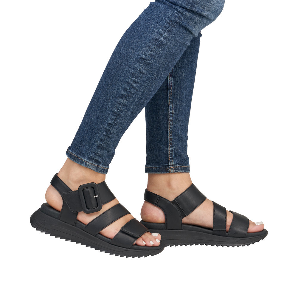 Rieker W2950-00 women's black leather touch fastening sandals with adjustable strap and chunky sole.