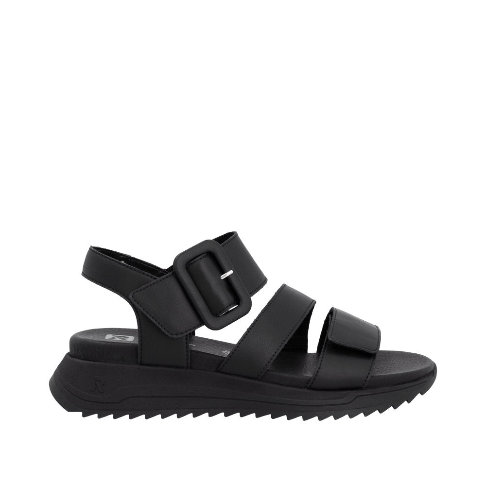 Rieker W2950-00 women's black leather touch fastening sandals with adjustable strap and rugged sole.