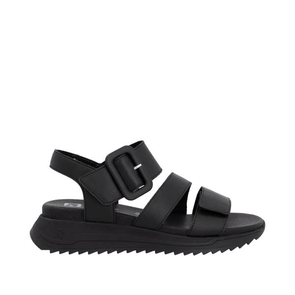 Rieker W2950-00 women's black leather touch fastening sandals with adjustable strap and rugged sole.