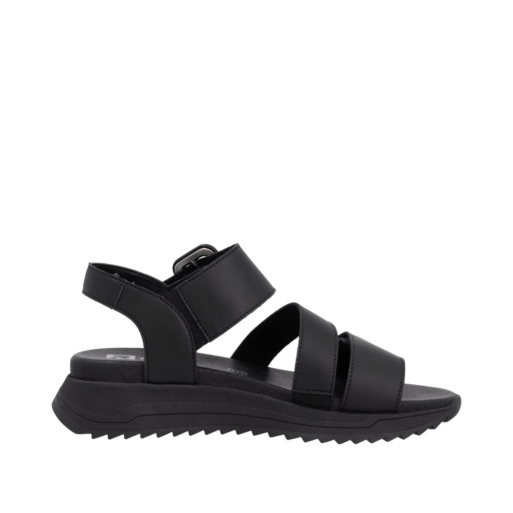 Rieker W2950-00 women's black leather touch-fastening sandals with chunky sole and adjustable straps.