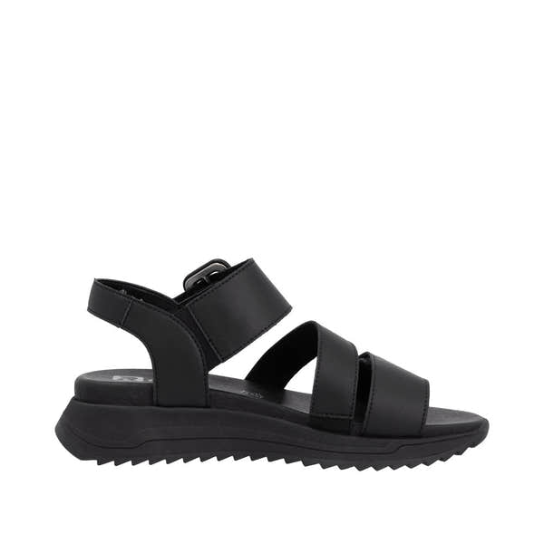Rieker W2950-00 women's black leather touch-fastening sandals with chunky sole and adjustable straps.