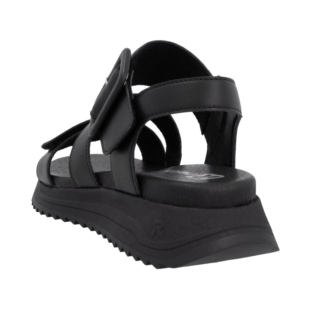Rieker W2950-00 women's black leather touch fastening sandals with cushioned footbed and chunky sole.