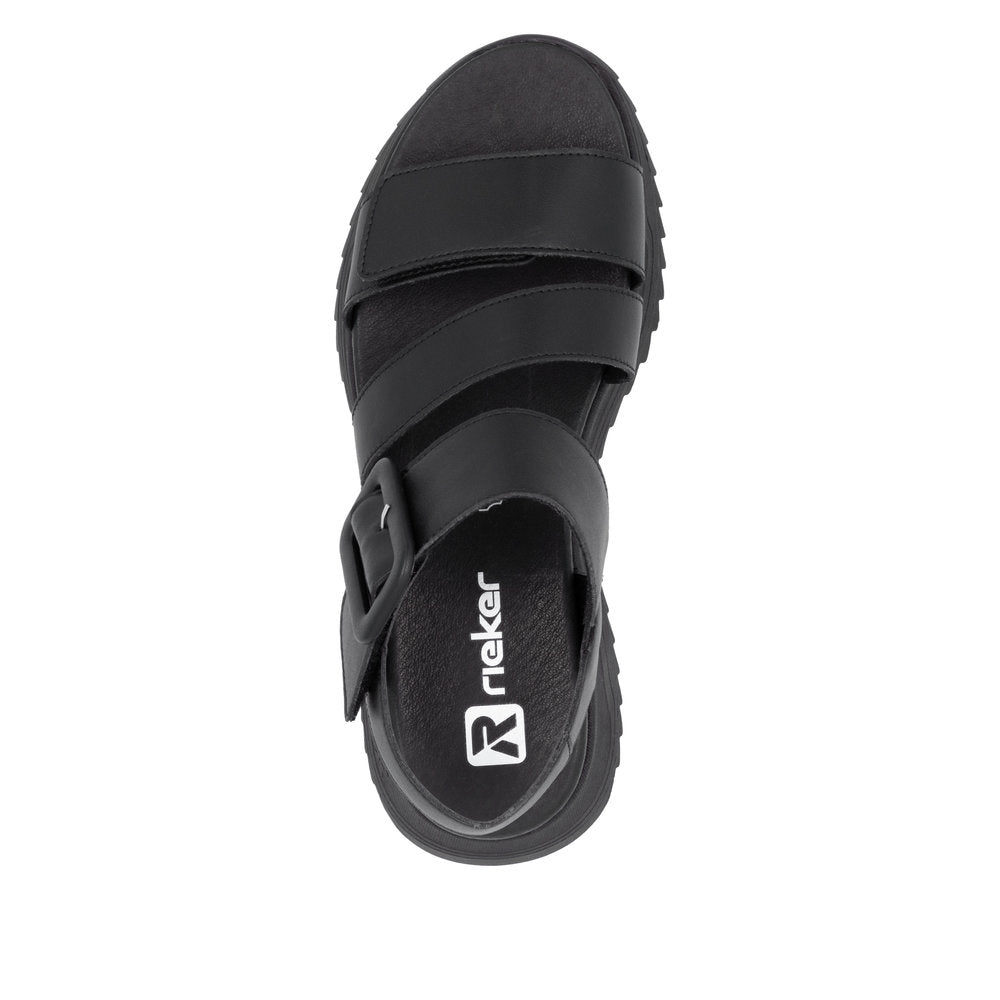 Rieker W2950-00 women's black leather touch-fastening sandals with adjustable straps and cushioned footbed.