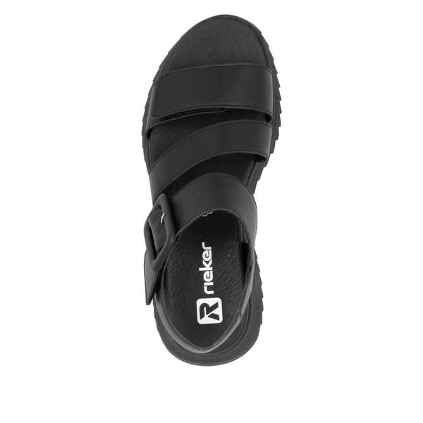 Rieker W2950-00 women's black leather touch-fastening sandals with adjustable straps and cushioned footbed.