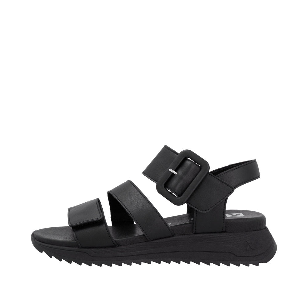 Rieker W2950-00 women's black leather touch-fastening sandals with adjustable straps and chunky sole.