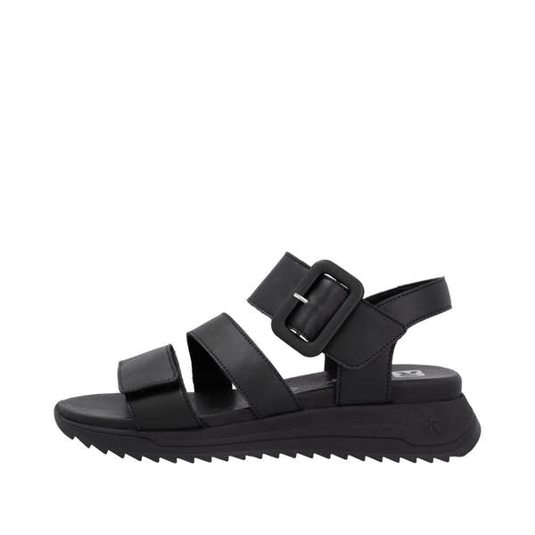 Rieker W2950-00 women's black leather touch-fastening sandals with adjustable straps and chunky sole.