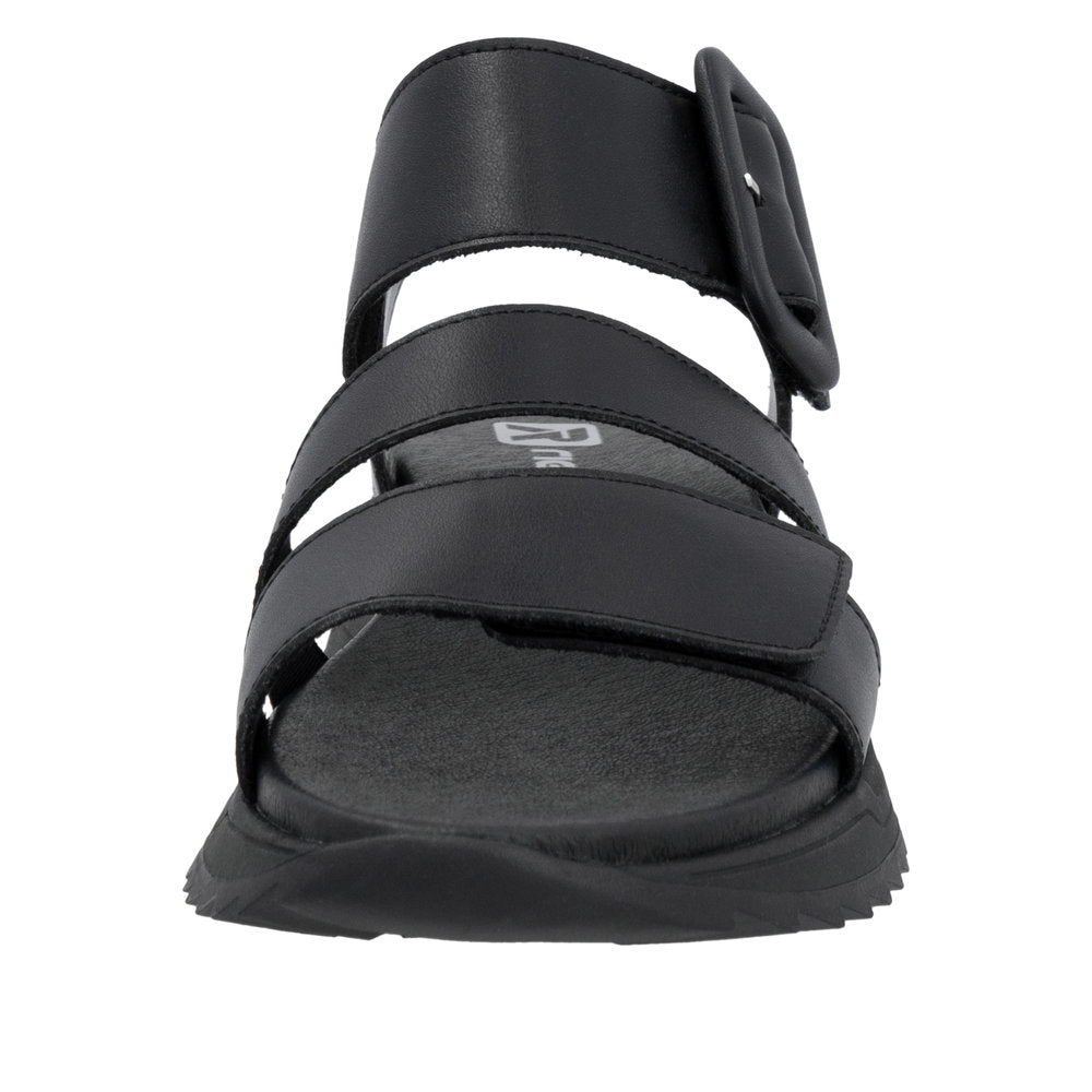Rieker W2950-00 women's black leather touch fastening sandals with velcro straps and cushioned sole.