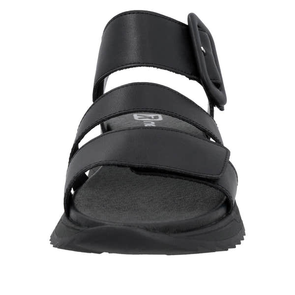 Rieker W2950-00 women's black leather touch fastening sandals with velcro straps and cushioned sole.