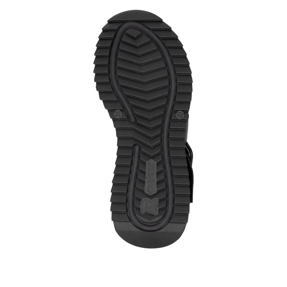 Rieker W2950-00 women's black leather touch-fastening sandals with rugged sole and logo detail.