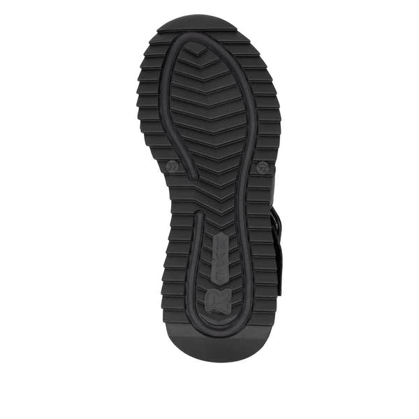 Rieker W2950-00 women's black leather touch-fastening sandals with rugged sole and logo detail.