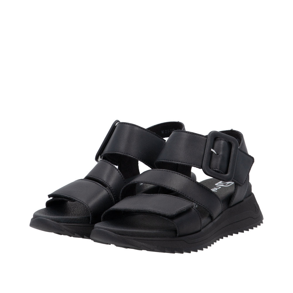 Rieker W2950-00 women's black leather touch fastening sandals with adjustable straps and chunky sole.