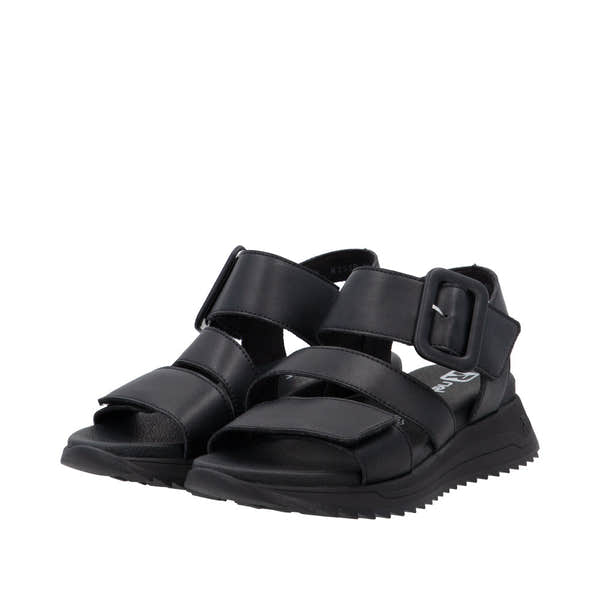 Rieker W2950-00 women's black leather touch fastening sandals with adjustable straps and chunky sole.