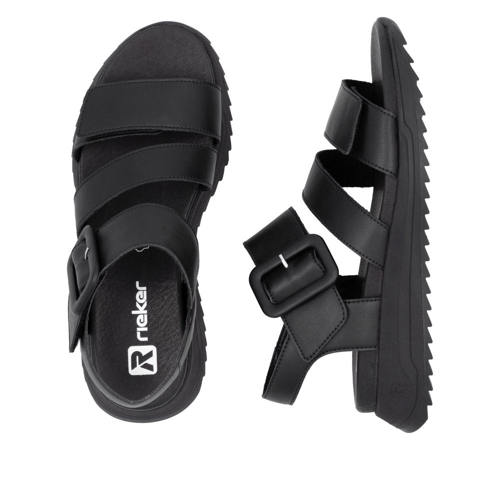Rieker W2950-00 Ladies Black Leather Touch Fastening Sandals with adjustable straps and chunky sole.