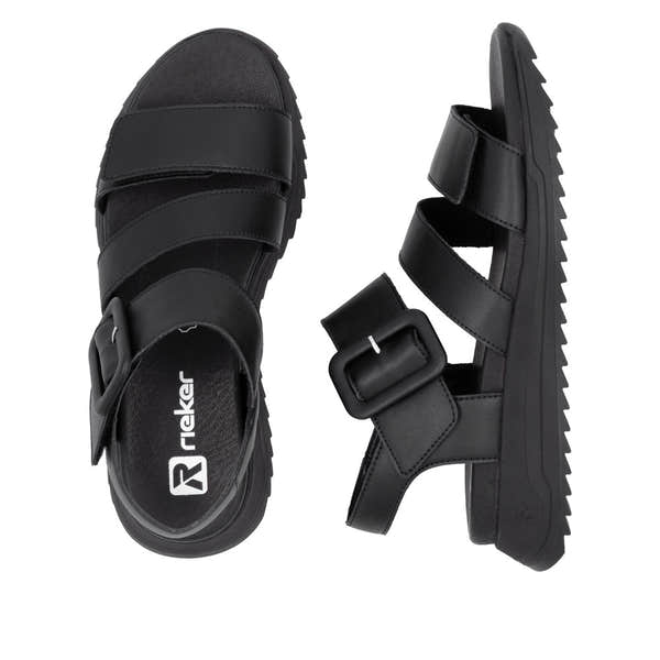 Rieker W2950-00 Ladies Black Leather Touch Fastening Sandals with adjustable straps and chunky sole.