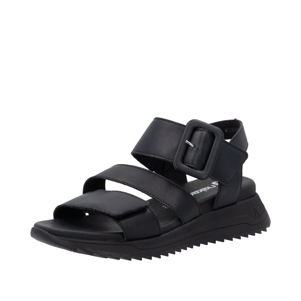 Rieker W2950-00 women's black leather touch fastening sandals with adjustable strap and chunky sole.