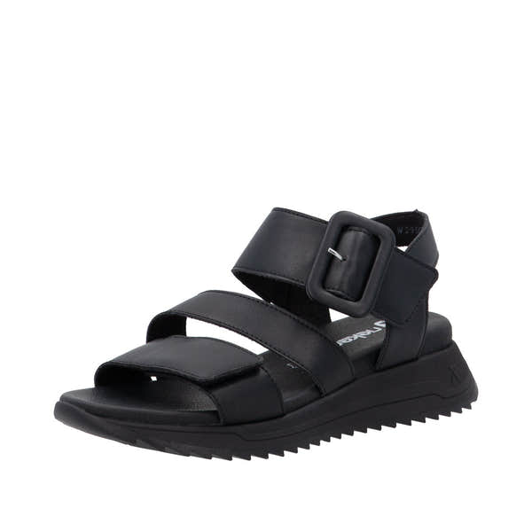Rieker W2950-00 women's black leather touch fastening sandals with adjustable strap and chunky sole.