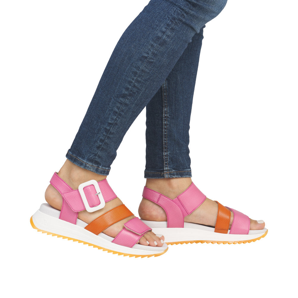 Rieker W2950-31 women's pink and orange leather touch fastening sandals with white and orange soles.