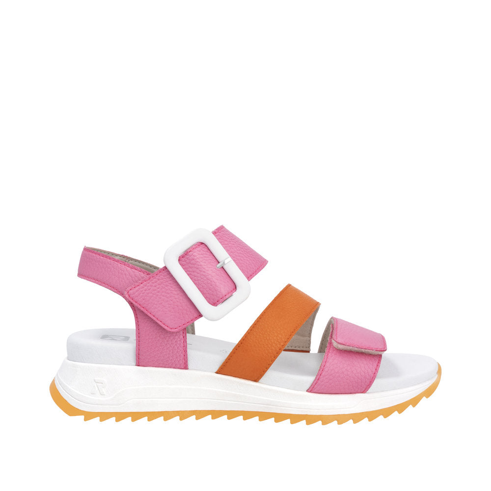 Rieker W2950-31 women's pink and orange leather touch fastening sandals with adjustable straps and a cushioned sole.
