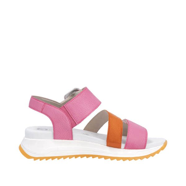 Rieker W2950-31 ladies pink and orange leather touch fastening sports sandals with white sole and yellow rubber outsole.