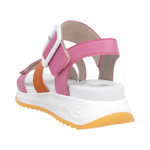 Rieker Ladies Pink/Orange Leather Touch-Fastening Sandals with cushioned sole and chunky white sole, perfect for summer wear.