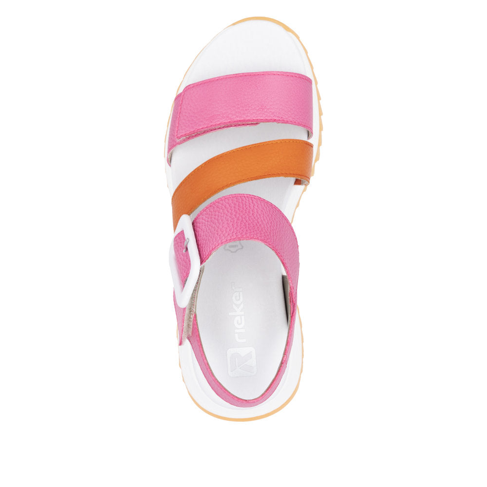 Rieker W2950-31 women's pink and orange leather touch-fastening sandals with cushioned footbed.