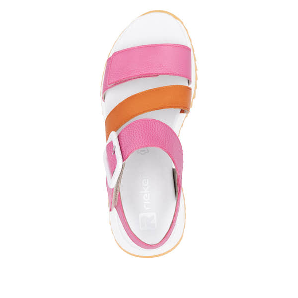 Rieker W2950-31 women's pink and orange leather touch-fastening sandals with cushioned footbed.