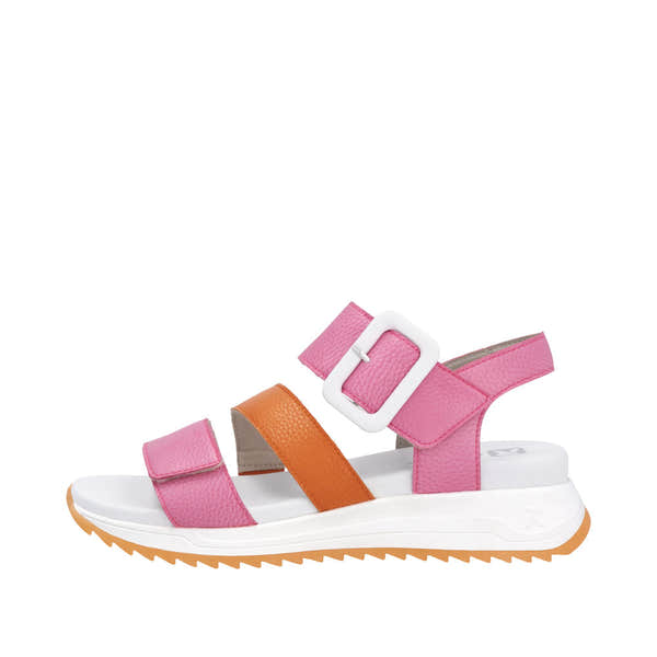 Rieker W2950-31 women's pink and orange leather touch-fastening sandals with white buckle and textured straps.