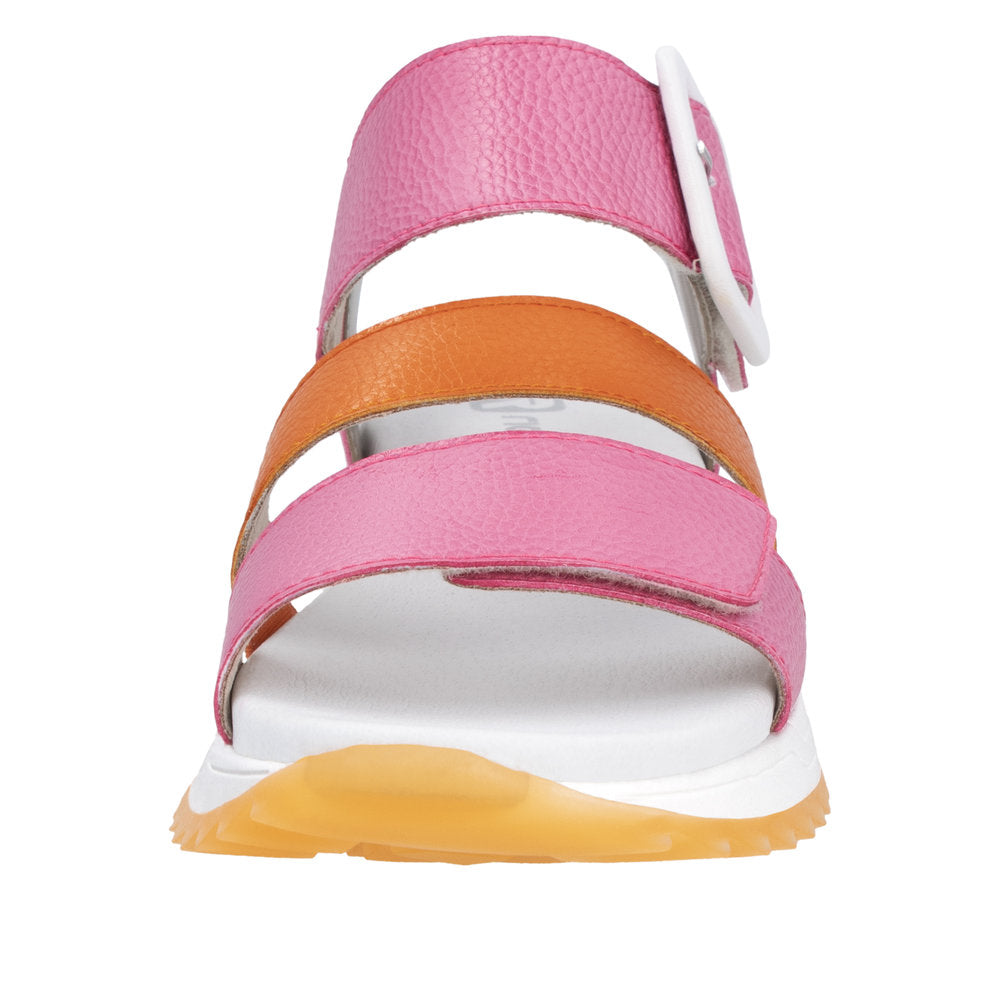 Rieker W2950-31 women's pink and orange leather touch fastening sandals with tiered straps and white sole.