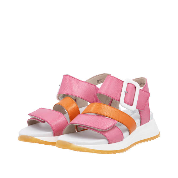 Rieker W2950-31 women's pink and orange leather sandals with touch fastening straps and white sole.