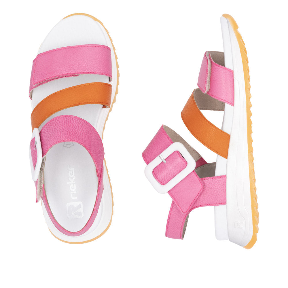 Rieker W2950-31 women's pink and orange leather touch-fastening sandals with white soles.