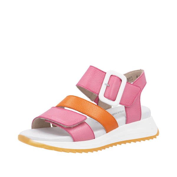 Rieker W2950-31 Ladies pink and orange leather touch fastening sandals with chunky sole and adjustable straps.