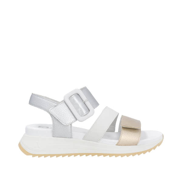 Rieker W2950-90 women's leather touch-fastening sandal in white, beige, and silver with a chunky sole and adjustable straps.