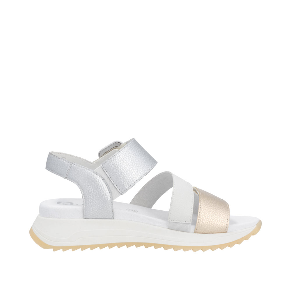 Rieker W2950-90 women's leather touch-fastening sandals, white and gold, sporty design with straps, cushioned sole.