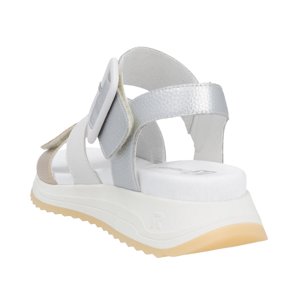 Rieker W2950-90 women's white and gold leather touch-fastening sandals with cushioned sole and chunky rubber outsole.