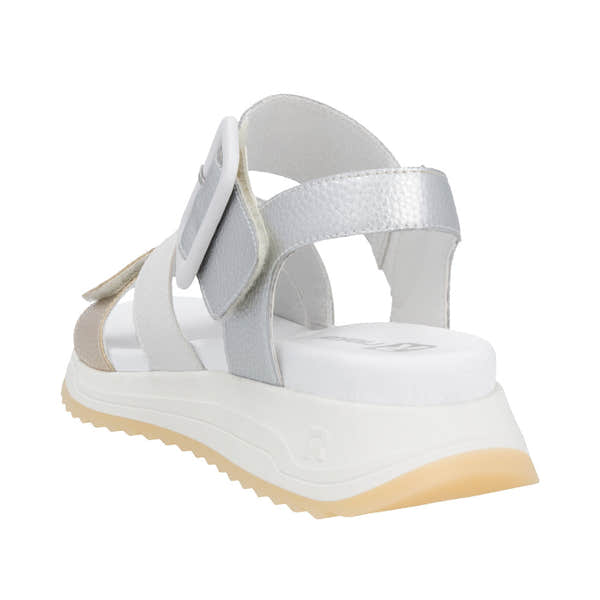 Rieker W2950-90 women's white and gold leather touch-fastening sandals with cushioned sole and chunky rubber outsole.