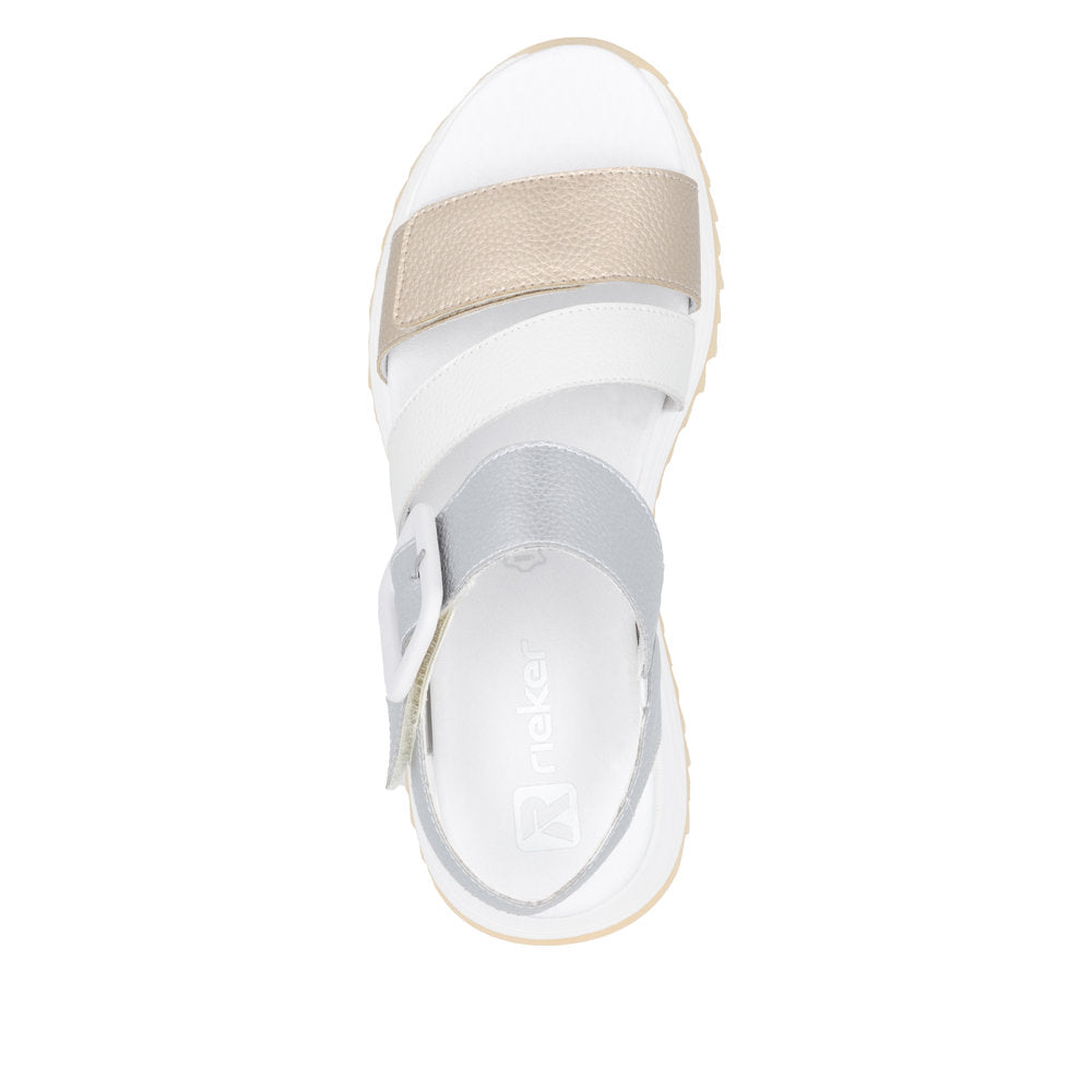 Rieker W2950-90 women's leather sandals with touch fastening, white/ivory, beige, and gray straps, cushioned footbed, casual summer footwear.