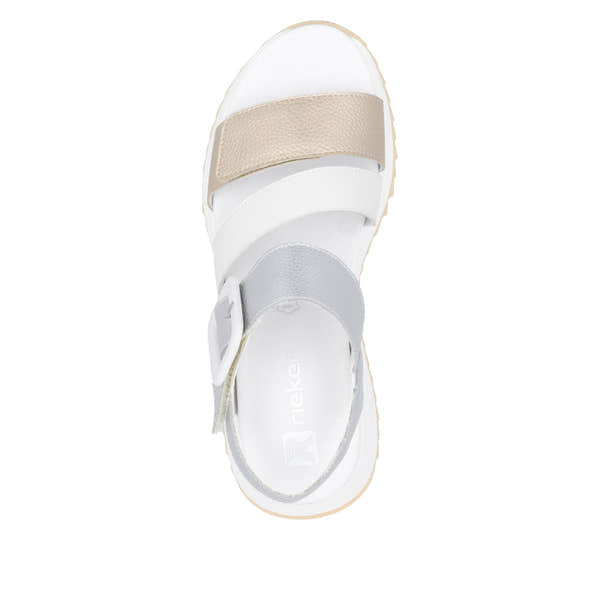 Rieker W2950-90 women's leather sandals with touch fastening, white/ivory, beige, and gray straps, cushioned footbed, casual summer footwear.