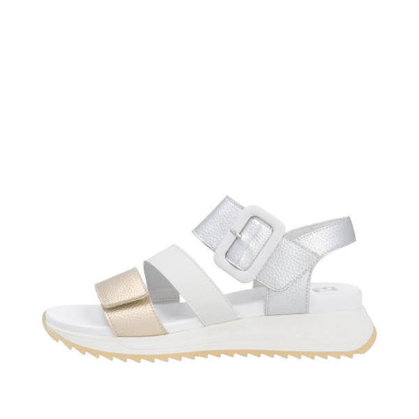 Rieker W2950-90 women's leather sandals with white and gold straps, touch fastenings, and cushioned sole.