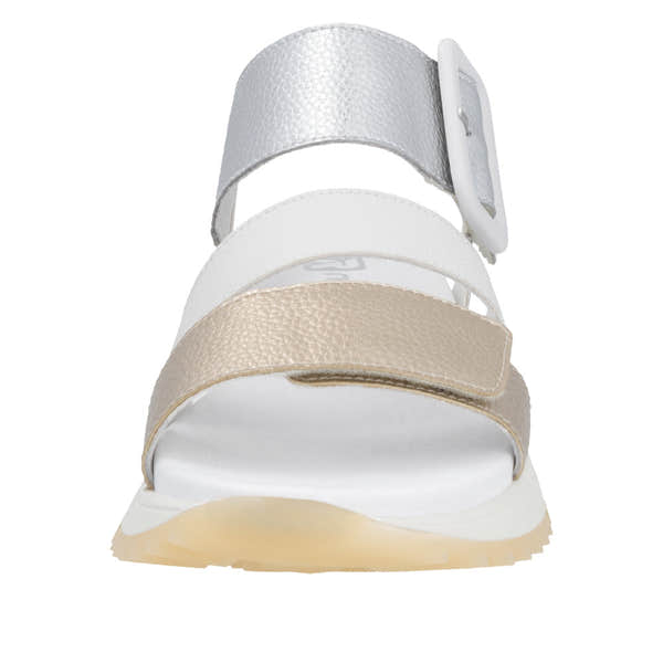 Rieker W2950-90 women's touch fastenings sandal in gold, white leather with multi-strap design and buckle closure.