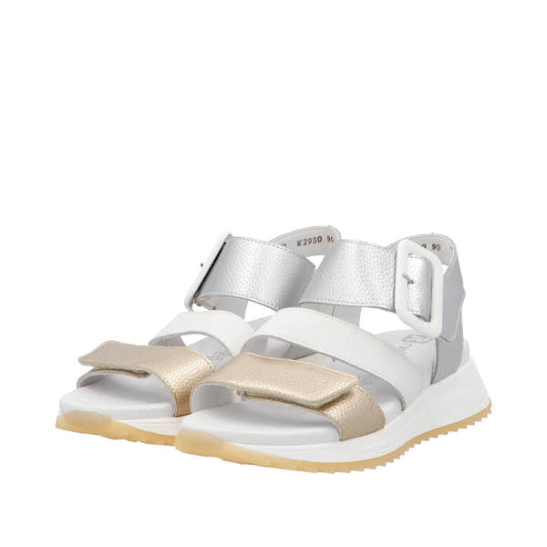Rieker W2950-90 Ladies White and Gold Leather Touch Fastening Sandals with adjustable straps.