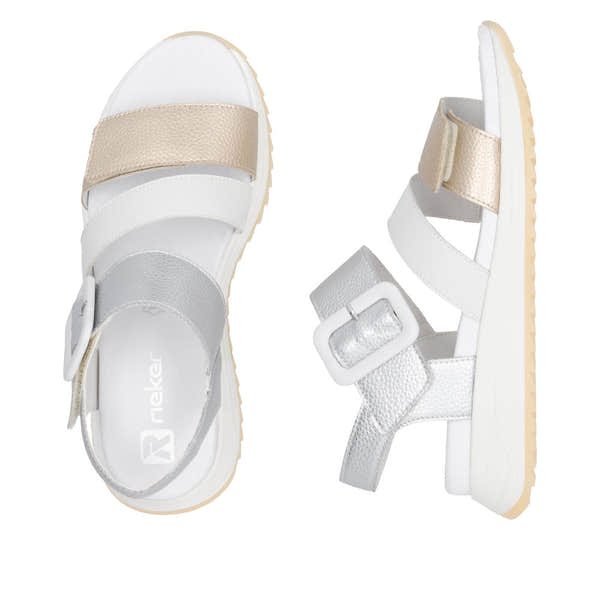 Rieker W2950-90 women's gold and white leather touch-fastening sandals with buckled straps and cushioned sole.