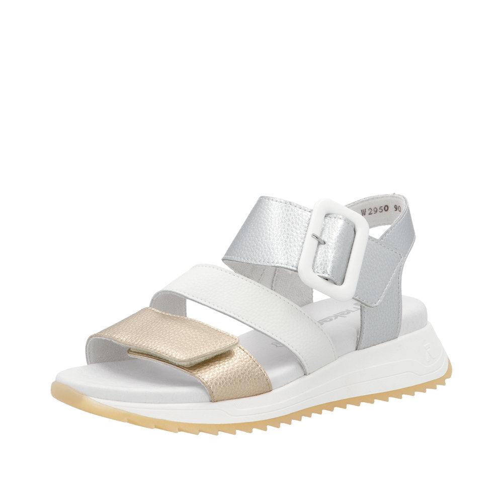 Rieker W2950-90 women's leather sandals with touch-fastening straps in gold, white, and silver, featuring adjustable buckles and cushioned sole.